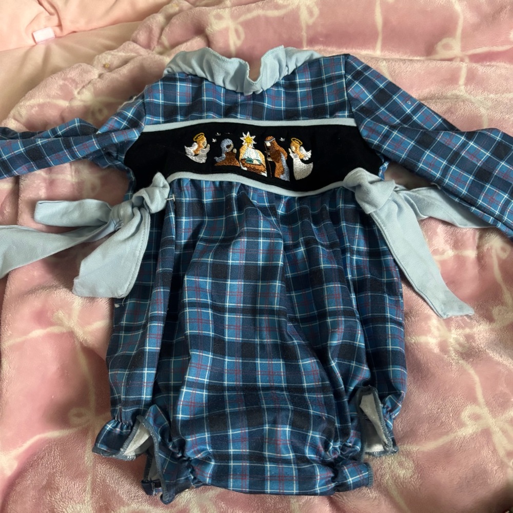 Charming Blue Plaid Baby Romper with Embroidery